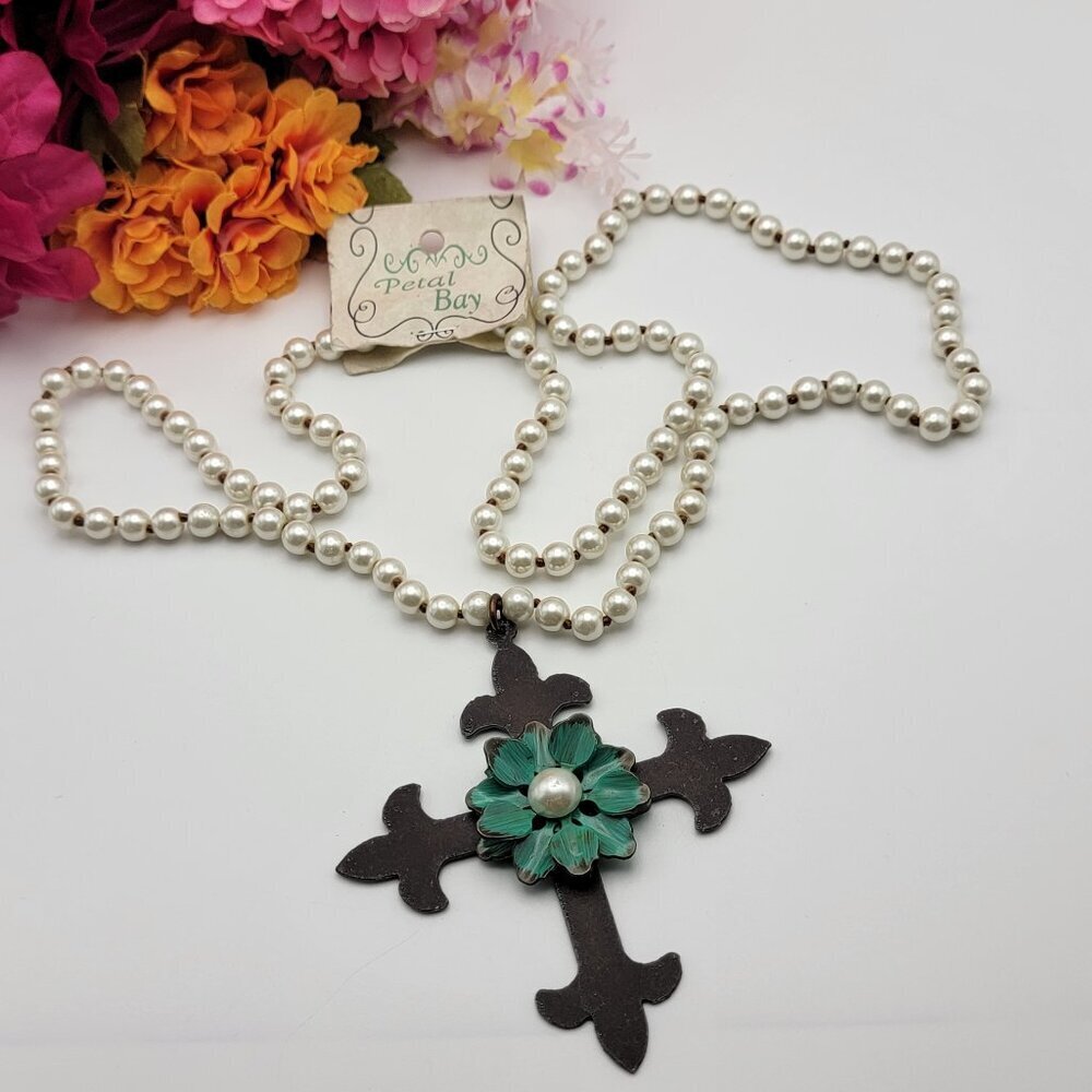 Petal Bay Statement Cross Pendant White Glass Pearl Beaded Necklace 34"